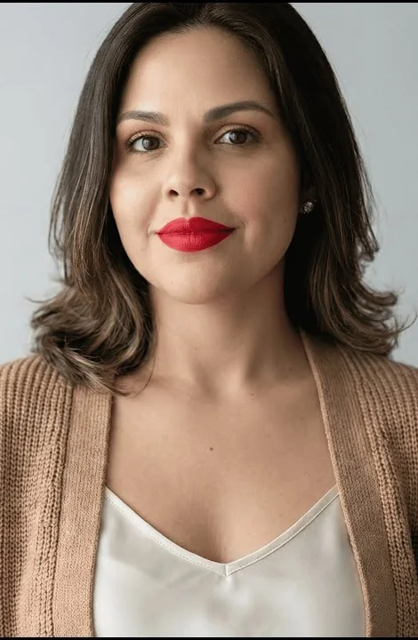 Retrato de Natália Dourado de cardigã bege